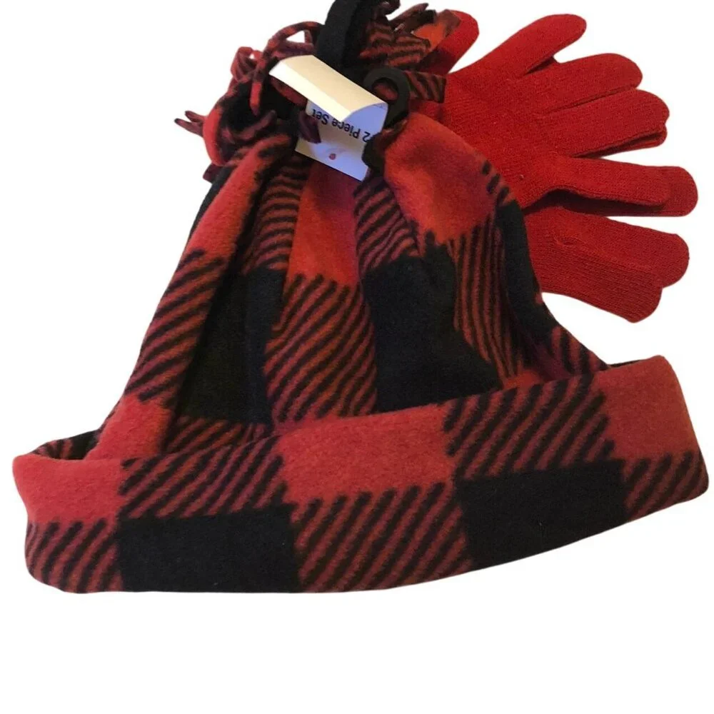 Basic Edition Girls Winter Fleece Hat & Mitten‎ 2 Pc Set Red Black Unisex Plaid